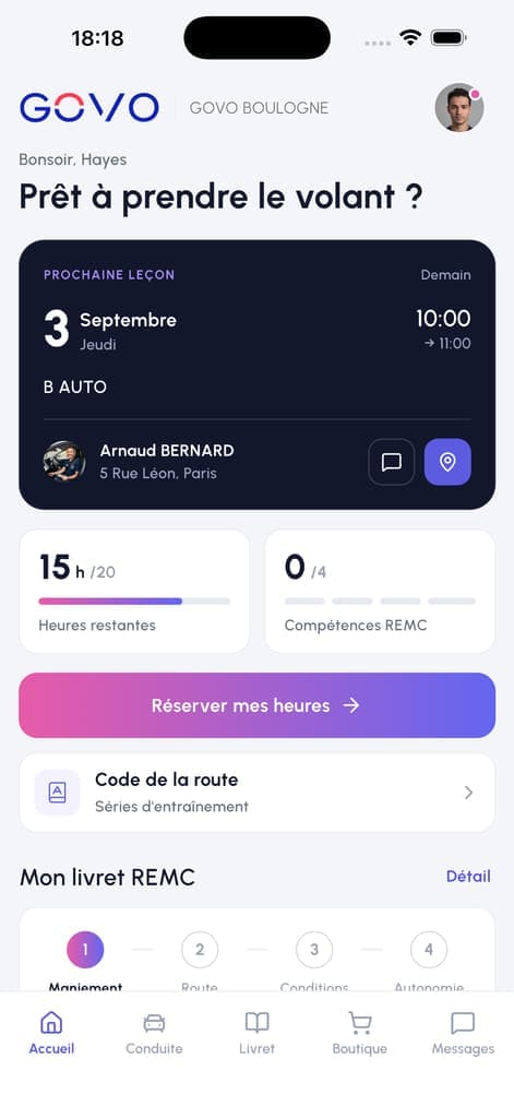 Écran de l'application GOVO : progression vers le permis et prochaine séance